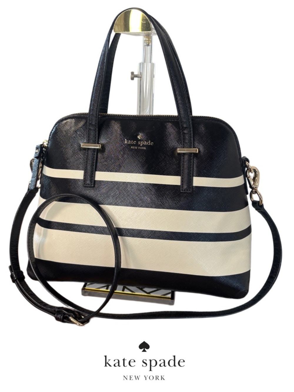 Kate Spade Cedar Street Black and Cream Striped Satchel w/ crossbody strap